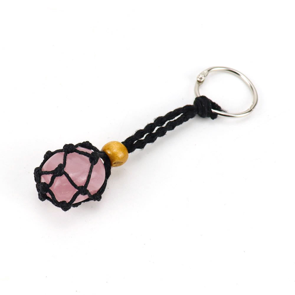 Olivenorma Woven Adjustable Raw Stone Cotton Net Keychain - Rose Quartz - Black Rope - image 19