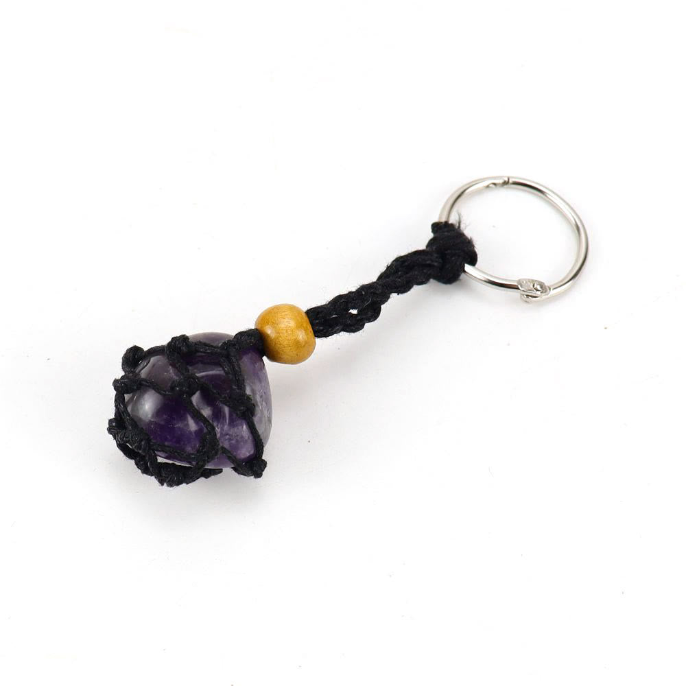 Olivenorma Woven Adjustable Raw Stone Cotton Net Keychain - Amethyst - Black Rope - image 4