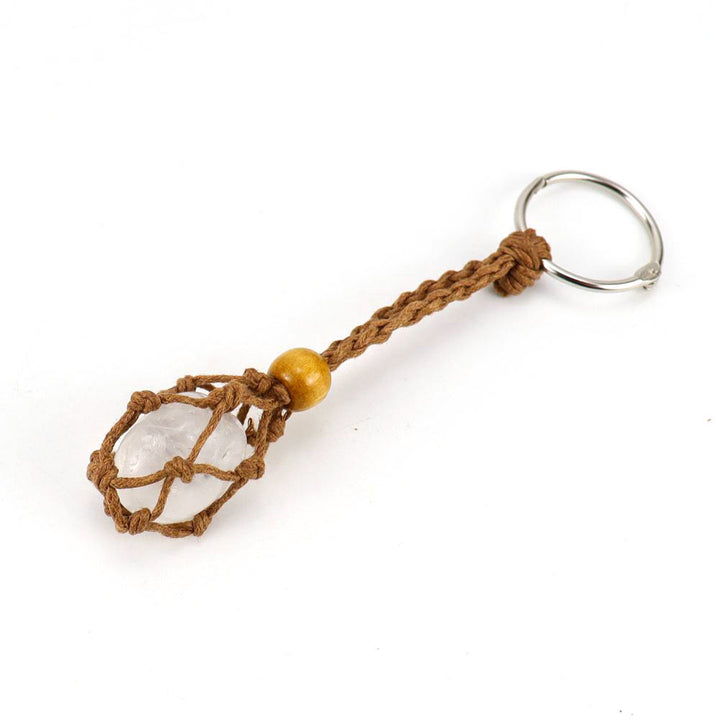 Olivenorma Woven Adjustable Raw Stone Cotton Net Keychain - Clear Quartz - White Rope - image 2