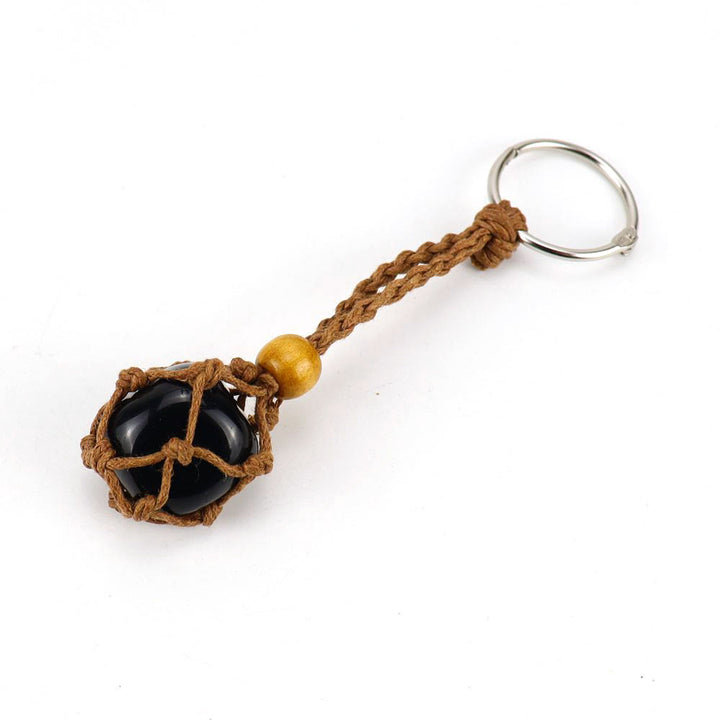 Olivenorma Woven Adjustable Raw Stone Cotton Net Keychain - Obsidian - White Rope - image 11