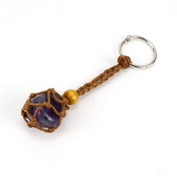 Olivenorma Woven Adjustable Raw Stone Cotton Net Keychain - Amethyst - White Rope - image 5