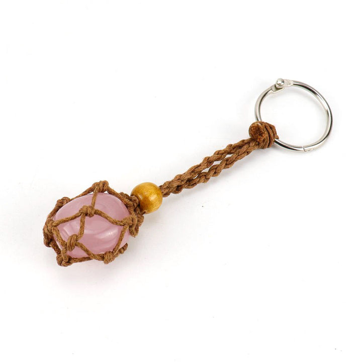 Olivenorma Woven Adjustable Raw Stone Cotton Net Keychain - Rose Quartz - White Rope - image 20