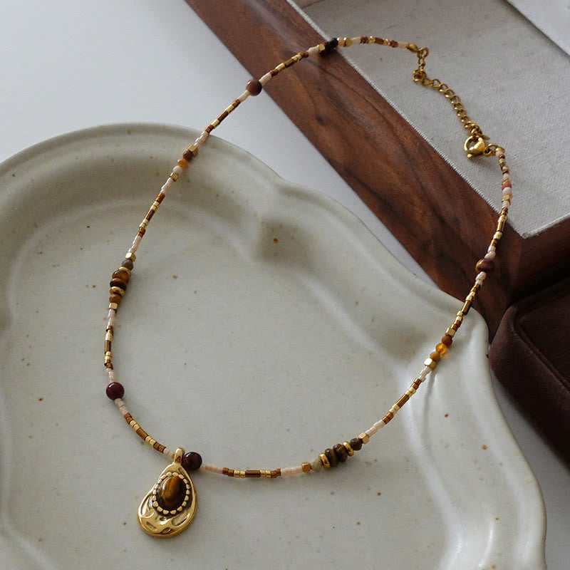 Olivenorma Vintage Natural Tiger Eye Stone Beaded Necklace - With Pendant - image 1