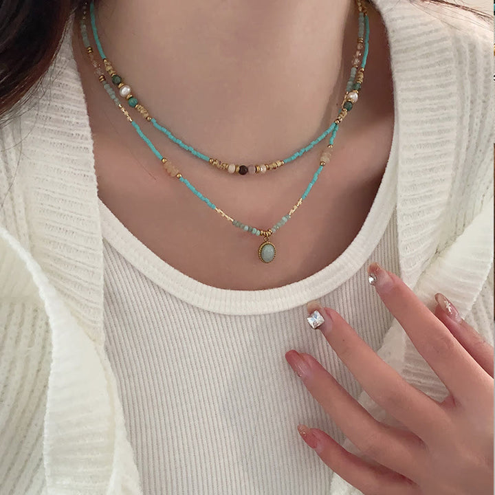 Olivenorma Natural Amazonite Drop Charm Choker Beaded Necklace - image 3