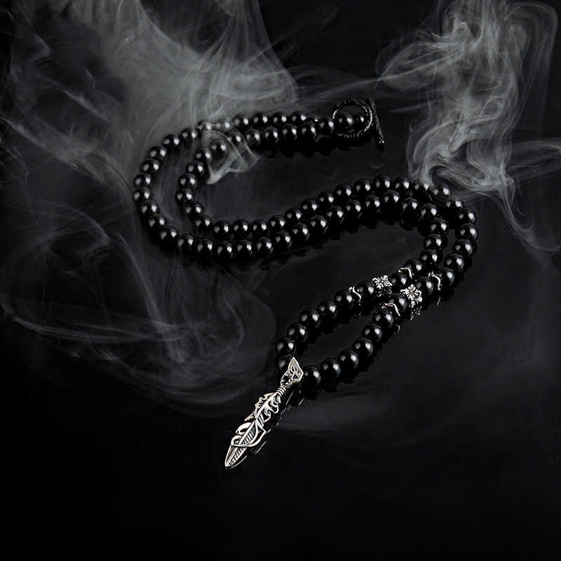 Olivenorma 6mm Obsidian Beads Metal Feather Pendant Necklace - Obsidian - image 0