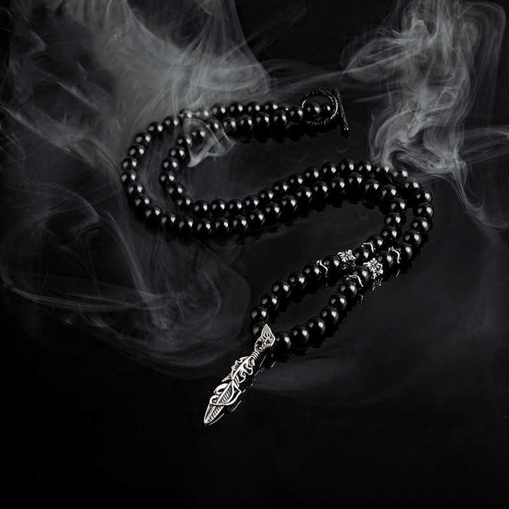 Olivenorma 6mm Obsidian Beads Metal Feather Pendant Necklace - Obsidian - image 0