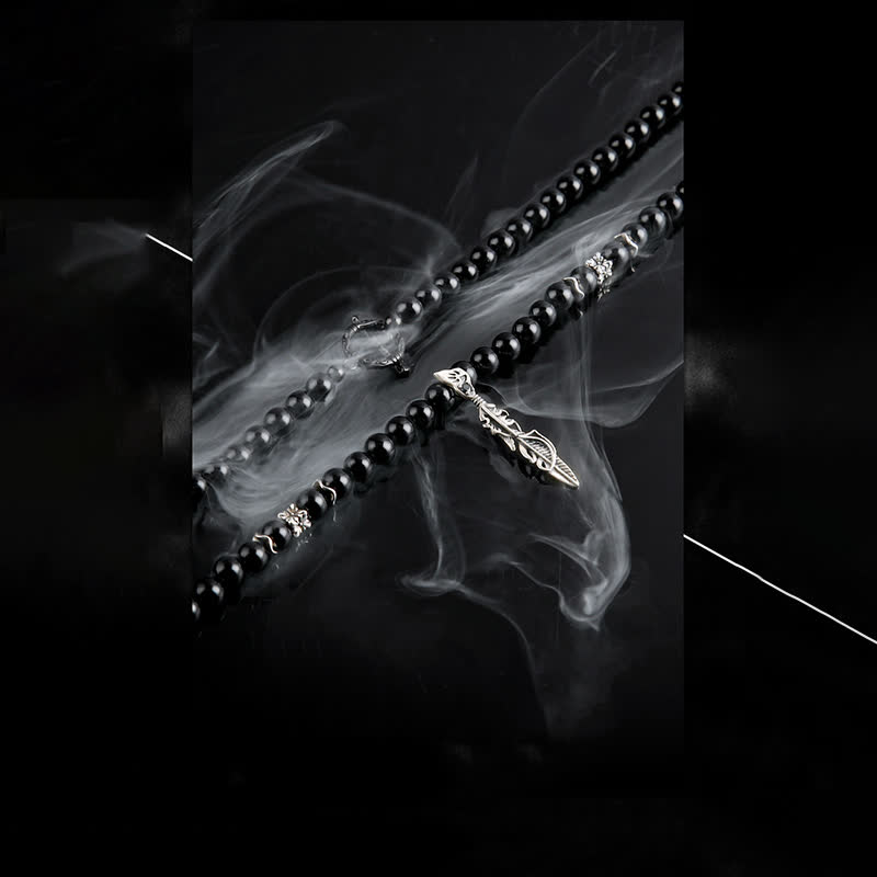 Olivenorma 6mm Obsidian Beads Metal Feather Pendant Necklace - image 4