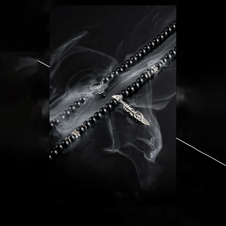 Olivenorma 6mm Obsidian Beads Metal Feather Pendant Necklace - image 4