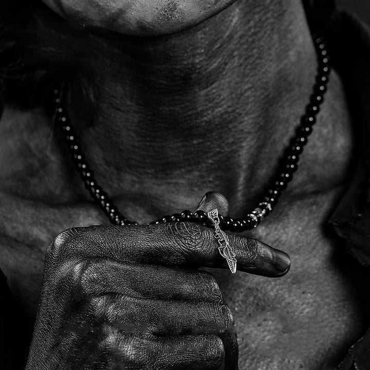 Olivenorma 6mm Obsidian Beads Metal Feather Pendant Necklace - image 1