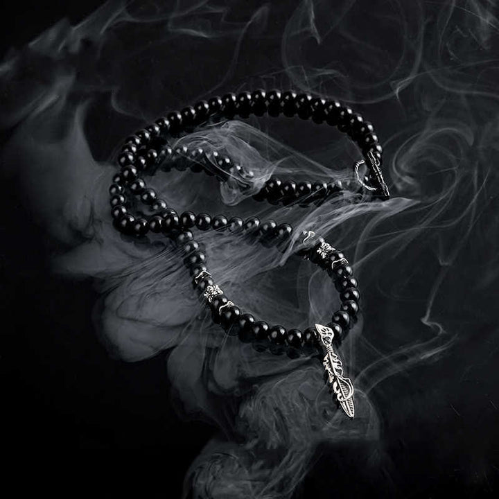 Olivenorma 6mm Obsidian Beads Metal Feather Pendant Necklace - image 5