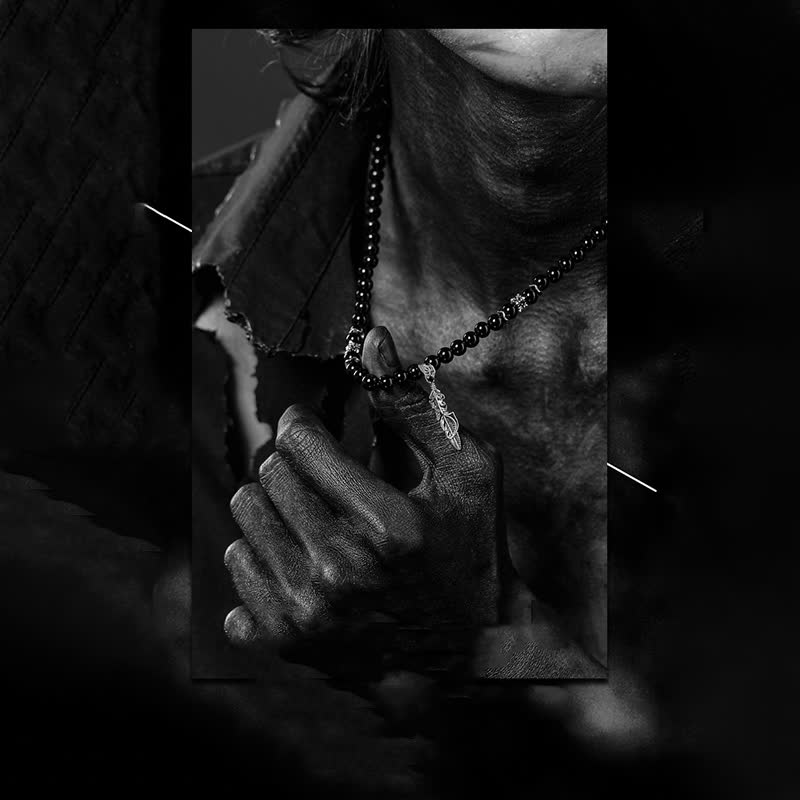 Olivenorma 6mm Obsidian Beads Metal Feather Pendant Necklace - image 3