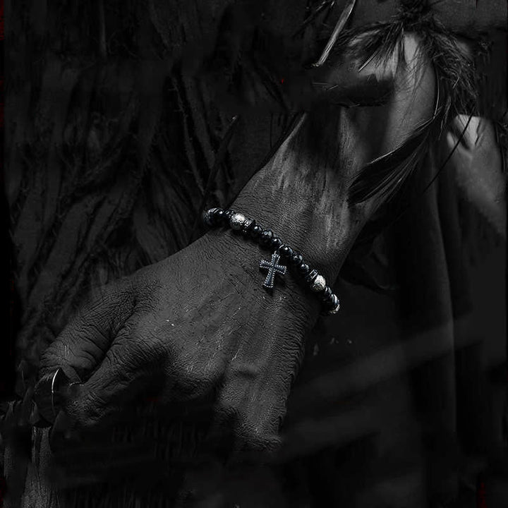 Olivenorma Natural Black Onyx Beads Cross Pendant Bracelet - image 1