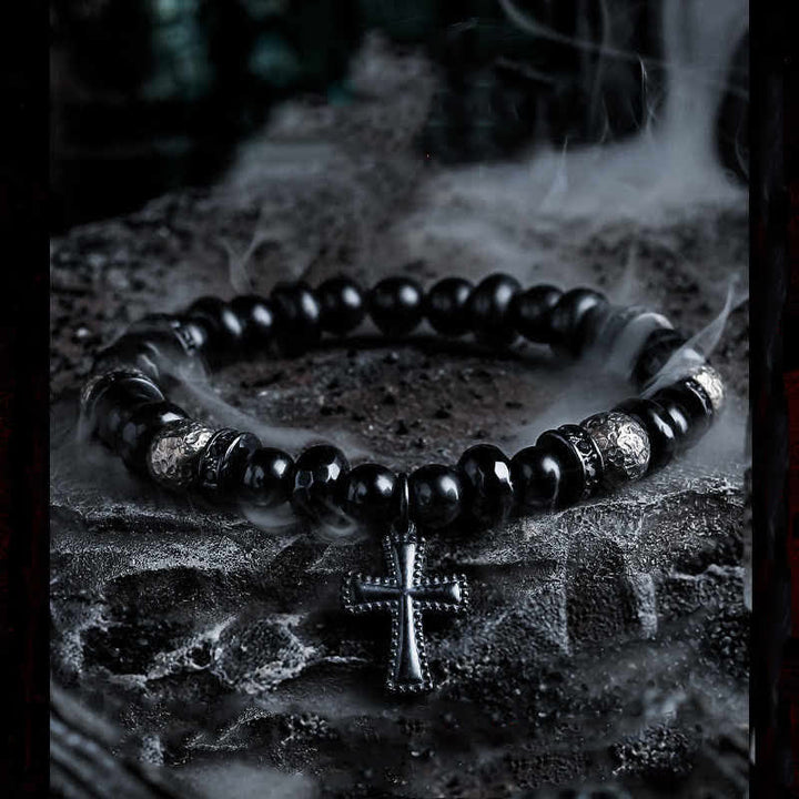 Olivenorma Natural Black Onyx Beads Cross Pendant Bracelet - 18cm - image 0