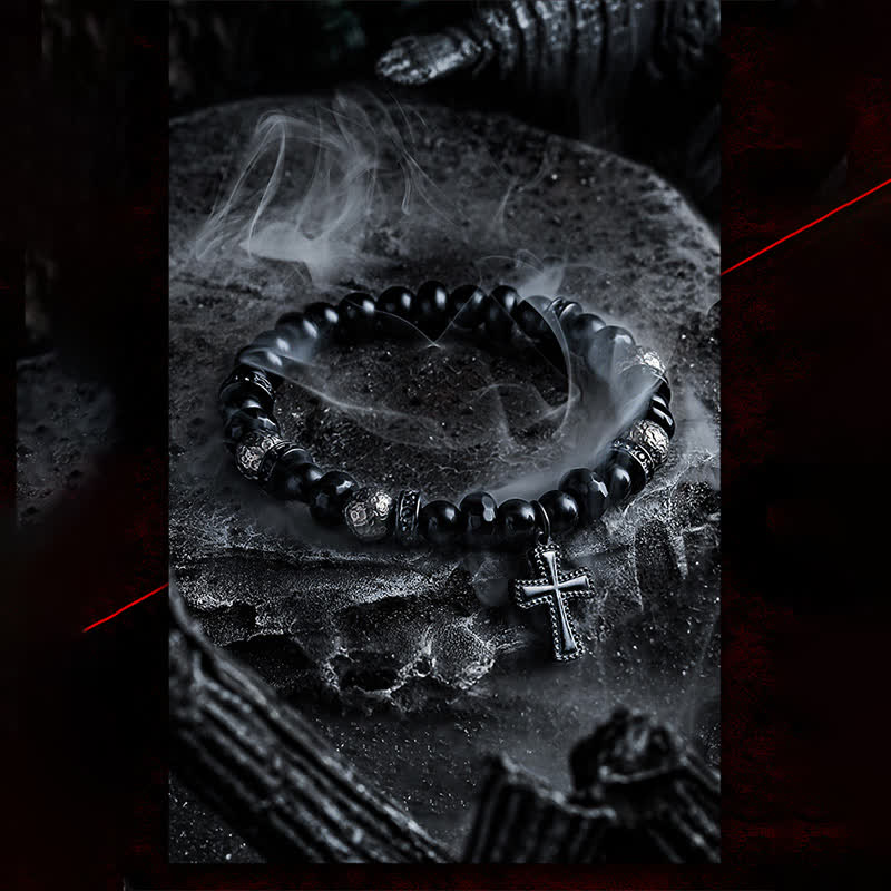 Olivenorma Natural Black Onyx Beads Cross Pendant Bracelet - image 4