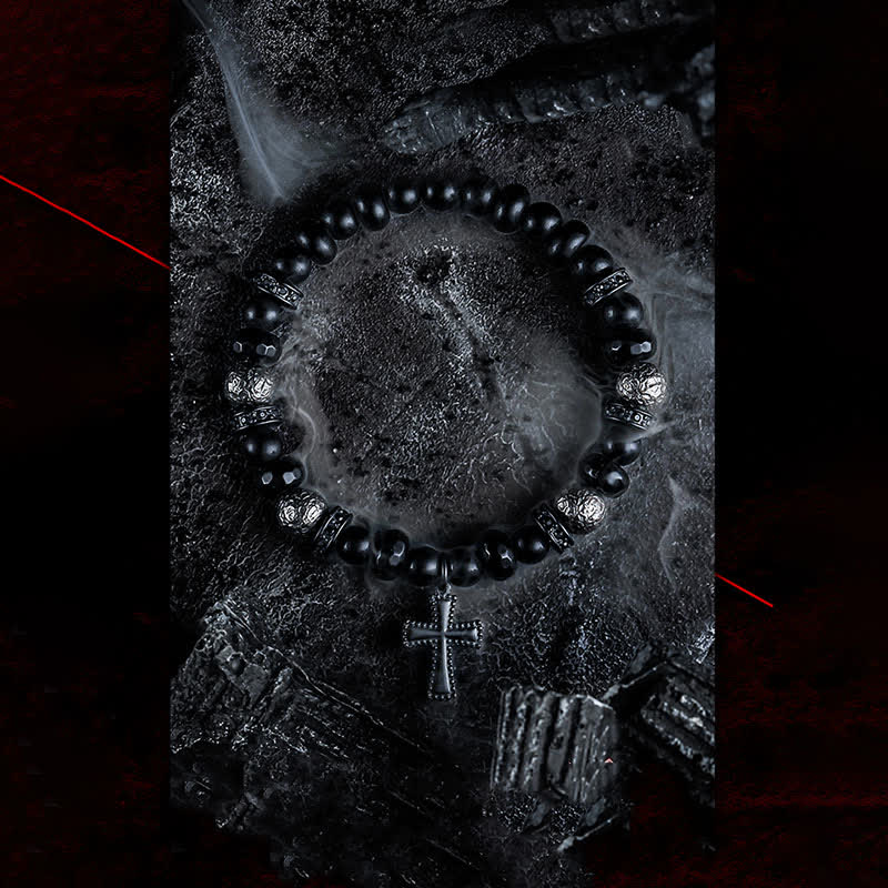 Olivenorma Natural Black Onyx Beads Cross Pendant Bracelet - image 5