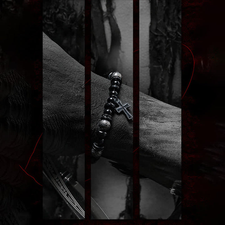 Olivenorma Natural Black Onyx Beads Cross Pendant Bracelet - image 3