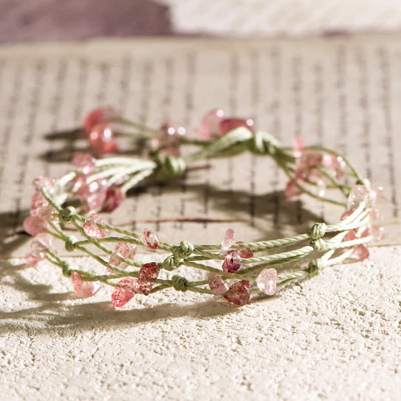 Olivenorma Natural Crushed Crystal Braided Flower Bracelet - Strawberry Quartz - image 6