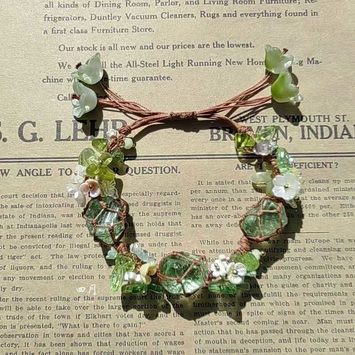 Olivenorma Green Fluorite Peridot Crystal Braided Flower Bracelet - Green Fluorite & Peridot - image 0