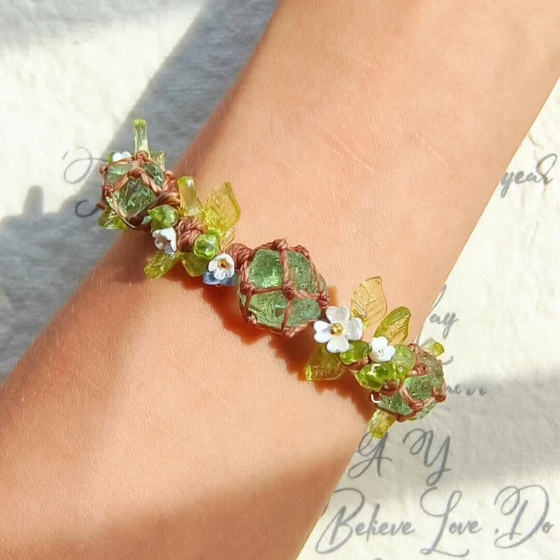 Olivenorma Green Fluorite Peridot Stone Braided Flower Bracelet - image 1
