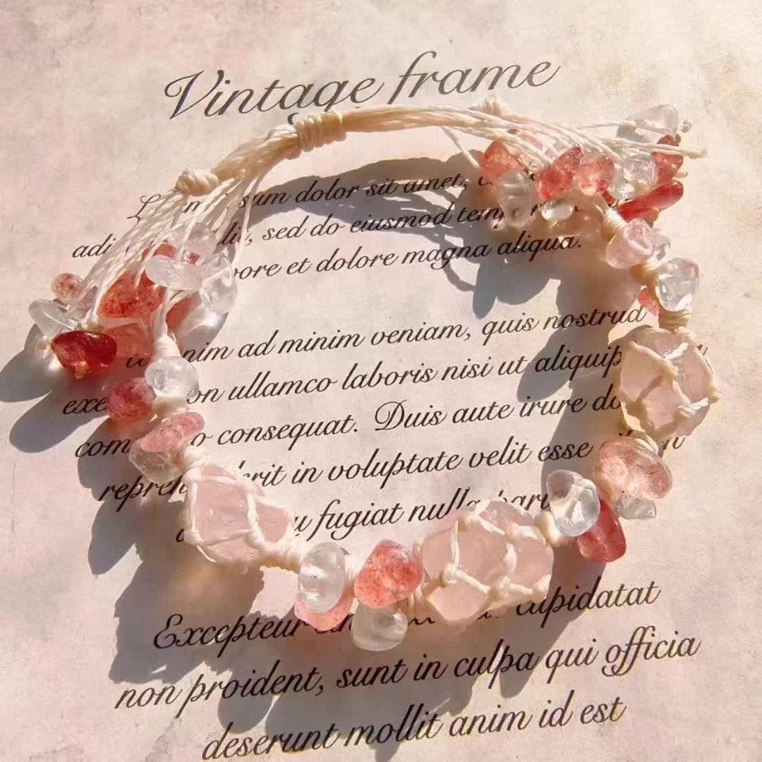 Olivenorma Strawberry Quartz Crystal Braided Flower Bracelet - Natural Stone - image 0