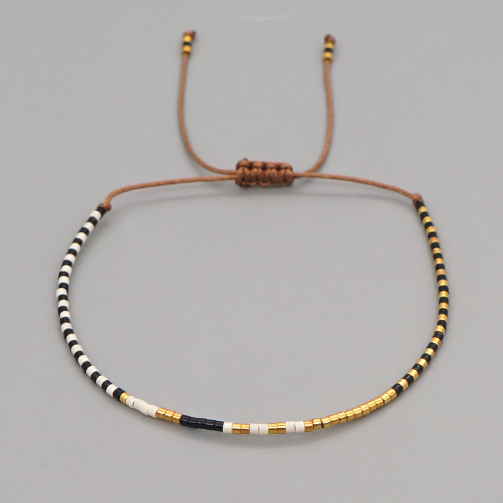 Olivenorma Colorful Rice Beads Brown Drawstring Bracelet - Black & White - image 4