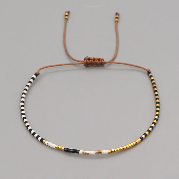 Olivenorma Colorful Rice Beads Brown Drawstring Bracelet - Black & White - image 4