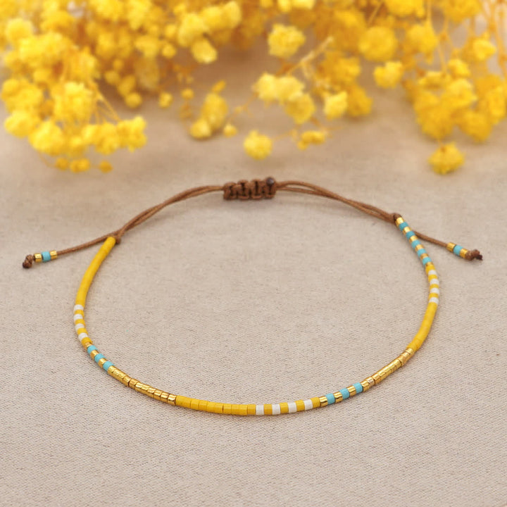 Olivenorma Colorful Rice Beads Brown Drawstring Bracelet - Yellow & Blue - image 6