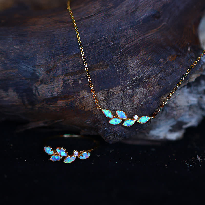 Olivenorma Blue Opal Leaf Pendant Ring Necklace - image 0