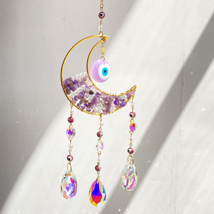 Olivenorma Natural Gem Evil Eye Proctection Suncatcher Wind Chimes - Amethyst - image 9