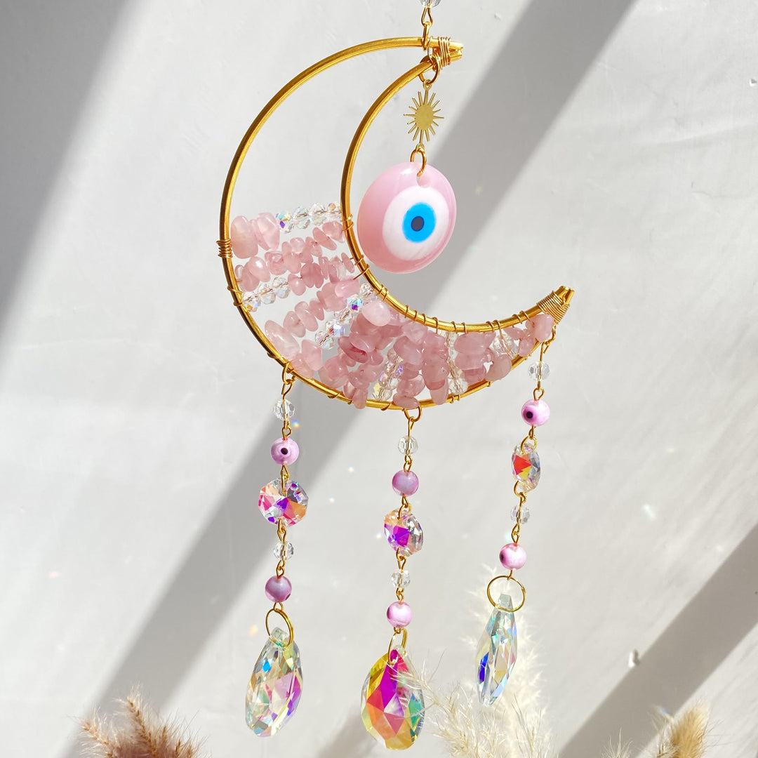 Olivenorma Natural Gem Evil Eye Proctection Suncatcher Wind Chimes - Rose Quartz - image 11