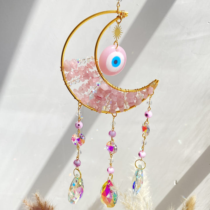 Olivenorma Natural Gem Evil Eye Proctection Suncatcher Wind Chimes - Rose Quartz - image 11