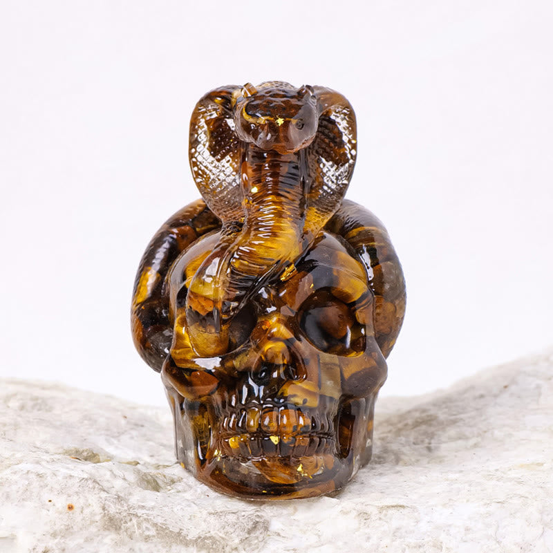 Olivenorma Real Stone Snake Skull Statue Gemstone Decoration - Tiger Eye - image 1
