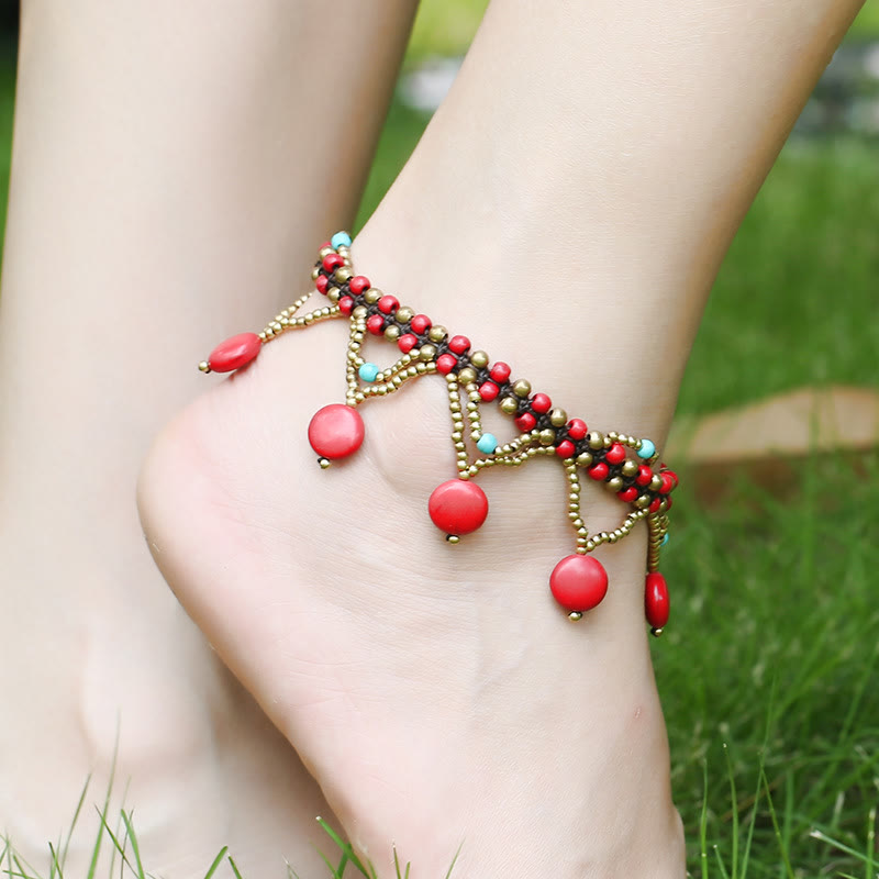 Olivenorma Bohemian Turquoise Woven Beaded Chain Anklet - Red - image 4