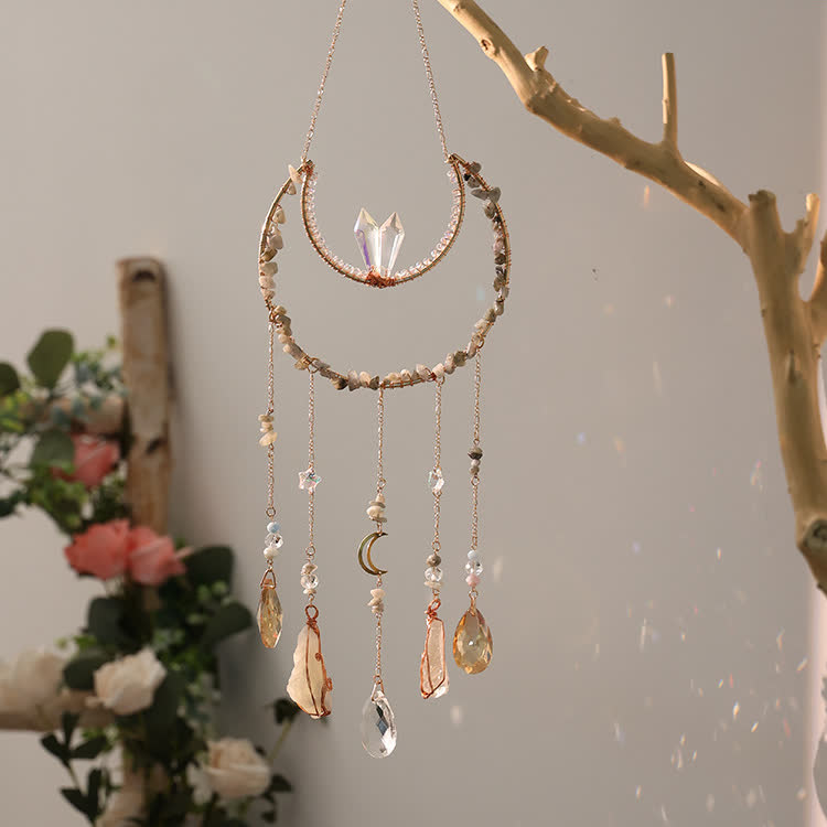 Olivenorma Labradorite Crushed Stone Inverted Moon Wind Chime - Clear Quartz & Labradorite - image 0