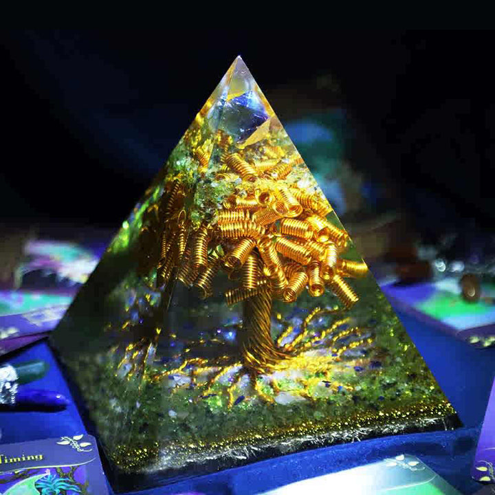Olivenorma Fluorite Peridot Gold Copper Wire Tree Orgone Pyramid - 14cm - image 0