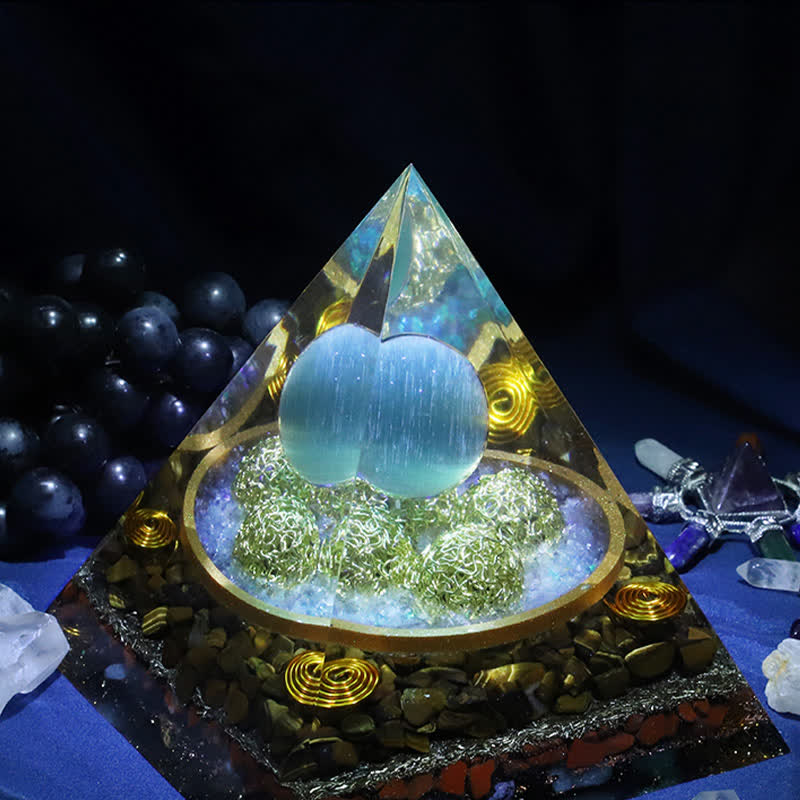 Olivenorma 14cm Blue Cat's Eye Stone Orgone Pyramid - image 4