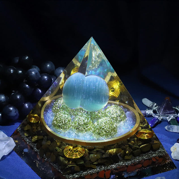 Olivenorma 14cm Blue Cat's Eye Stone Orgone Pyramid - image 4