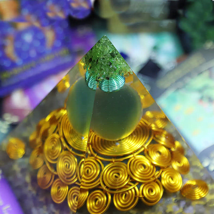 Olivenorma 14cm Green Cat's Eye Stone Orgone Pyramid - image 3
