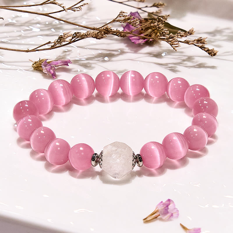 Olivenorma Glitter Pink Cat's Eye Stone Beaded Bracelet - Natural Stone - image 0