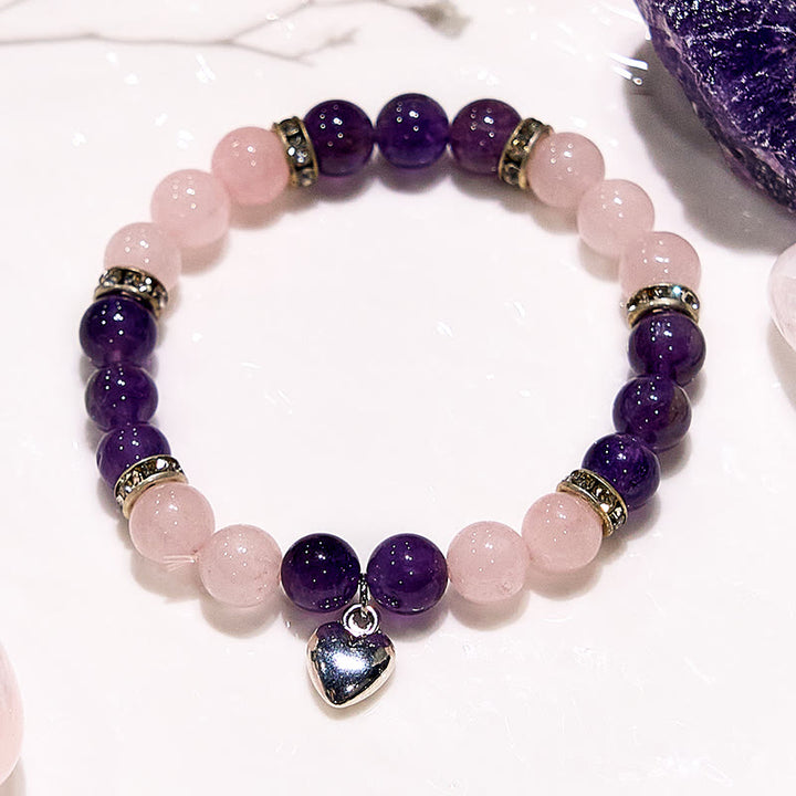 Olivenorma Amethyst Rose Quartz Heart Charm Beaded Bracelet - image 2