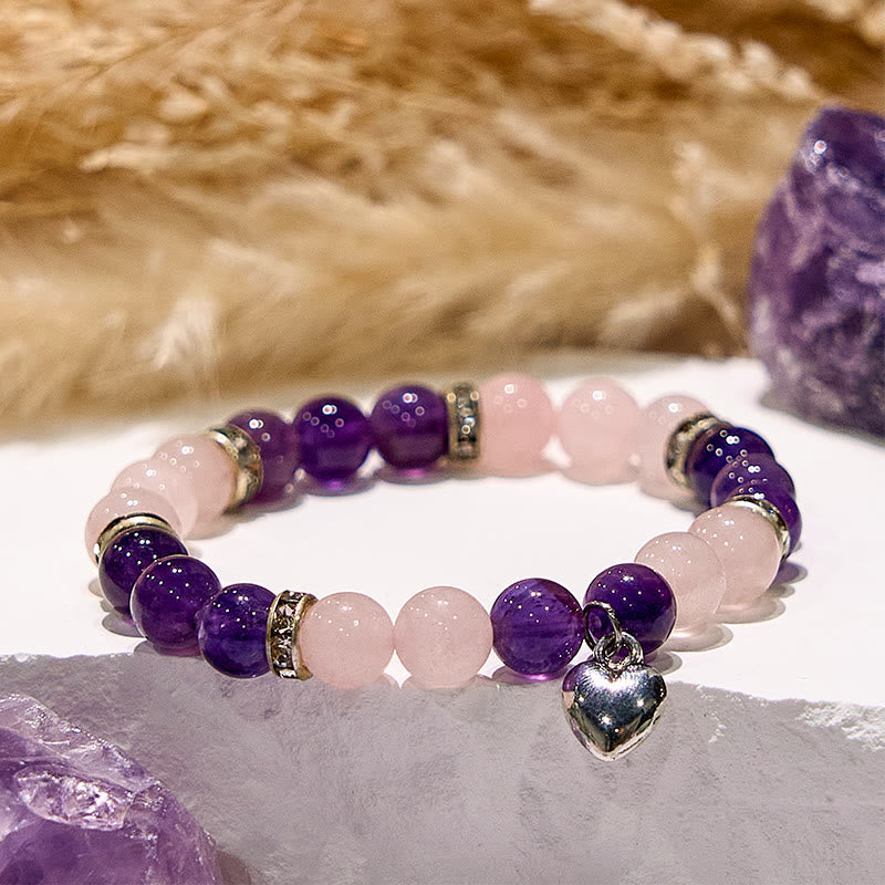 Olivenorma Amethyst Rose Quartz Heart Charm Beaded Bracelet - image 4