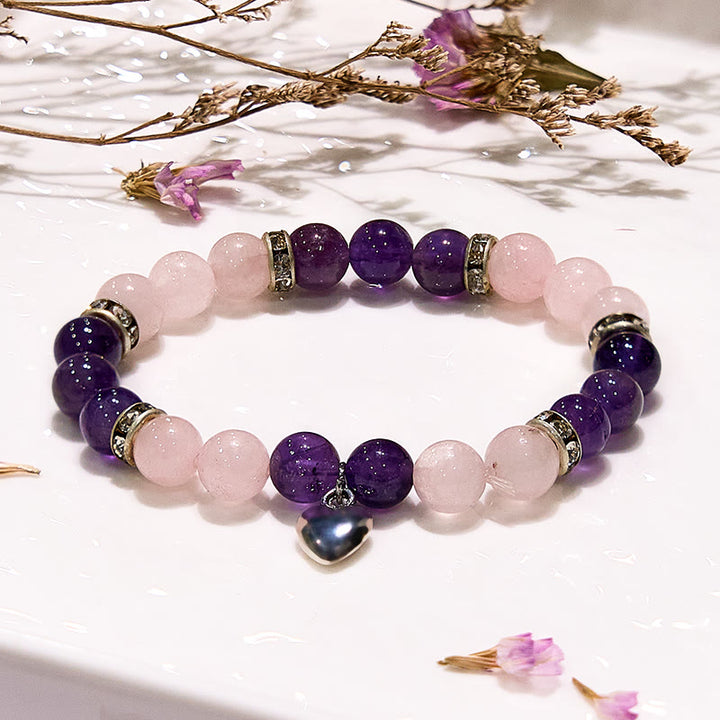 Olivenorma Amethyst Rose Quartz Heart Charm Beaded Bracelet - Natural Stone - image 0
