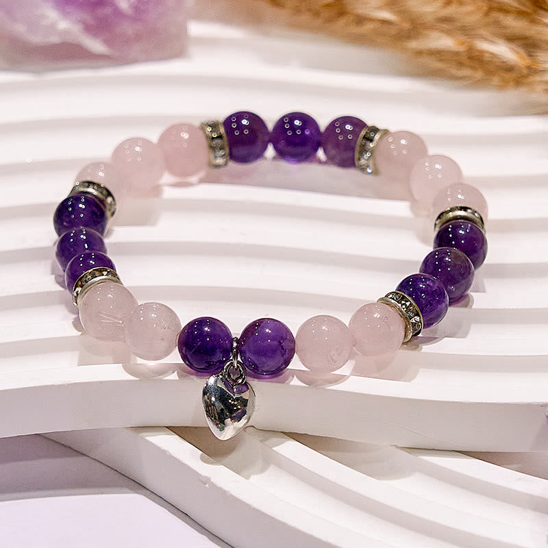 Olivenorma Amethyst Rose Quartz Heart Charm Beaded Bracelet - image 3