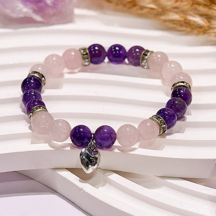 Olivenorma Amethyst Rose Quartz Heart Charm Beaded Bracelet - image 3