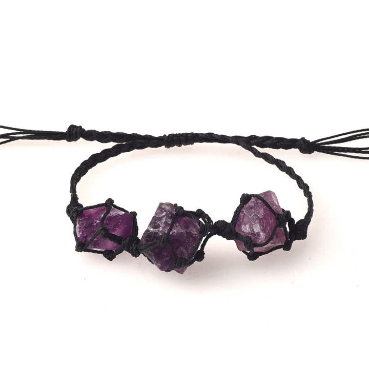 Olivenorma Three Raw Stones Net Bag Crystal Braided Bracelet - Purple Fluorite - Black - image 16