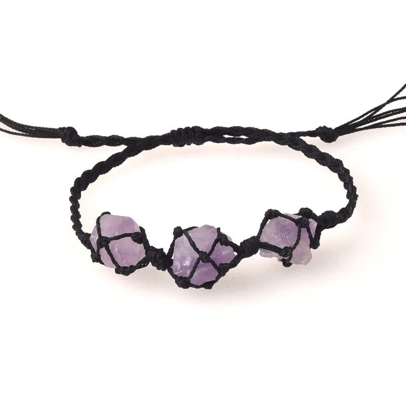 Olivenorma Three Raw Stones Net Bag Crystal Braided Bracelet - Amethyst - Black - image 3