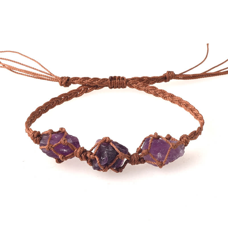 Olivenorma Three Raw Stones Net Bag Crystal Braided Bracelet - Purple Fluorite - Brown - image 15