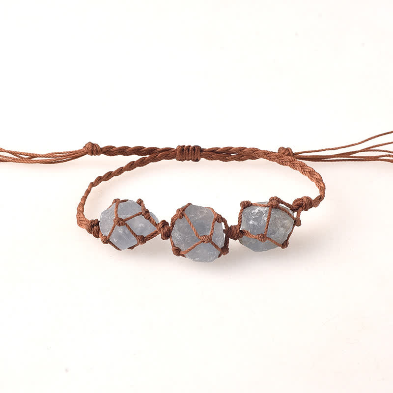 Olivenorma Three Raw Stones Net Bag Crystal Braided Bracelet - Aquamarine - Brown - image 18