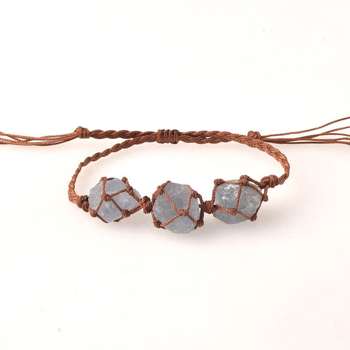 Olivenorma Three Raw Stones Net Bag Crystal Braided Bracelet - Aquamarine - Brown - image 18