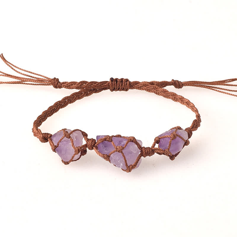 Olivenorma Three Raw Stones Net Bag Crystal Braided Bracelet - Amethyst - Brown - image 2